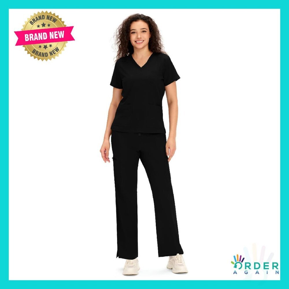 V-Neck Scrub Top & Cargo Pants Set Stretch Fabric 12 Pockets Medical Uniform